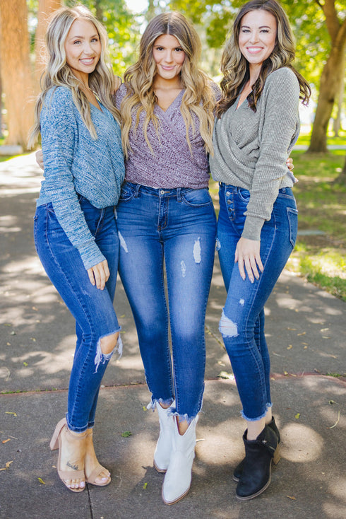 Wrap V Neck Waffle Sweater