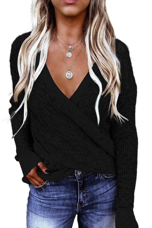 Wrap V Neck Waffle Sweater