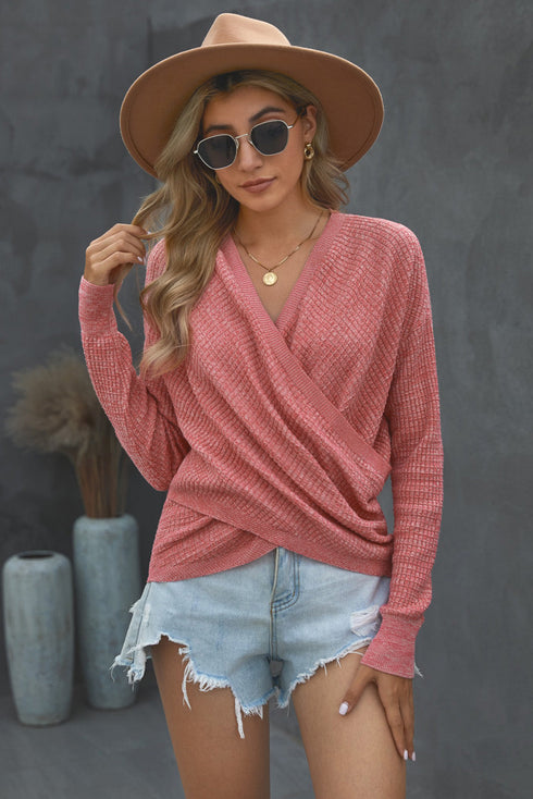 Wrap V Neck Waffle Sweater