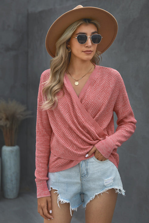 Wrap V Neck Waffle Sweater