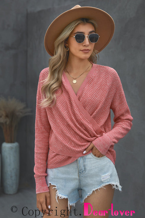 Wrap V Neck Waffle Sweater