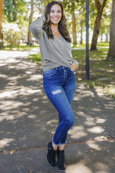 Wrap V Neck Waffle Sweater