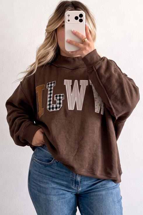 WWJD Mixed Pattern Exposed Seam Mock Neck Sweatshirt