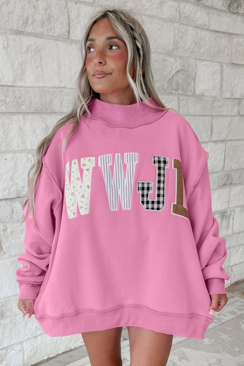 WWJD Mixed Pattern Mock Neck Embroidered Patch Sweatshirt