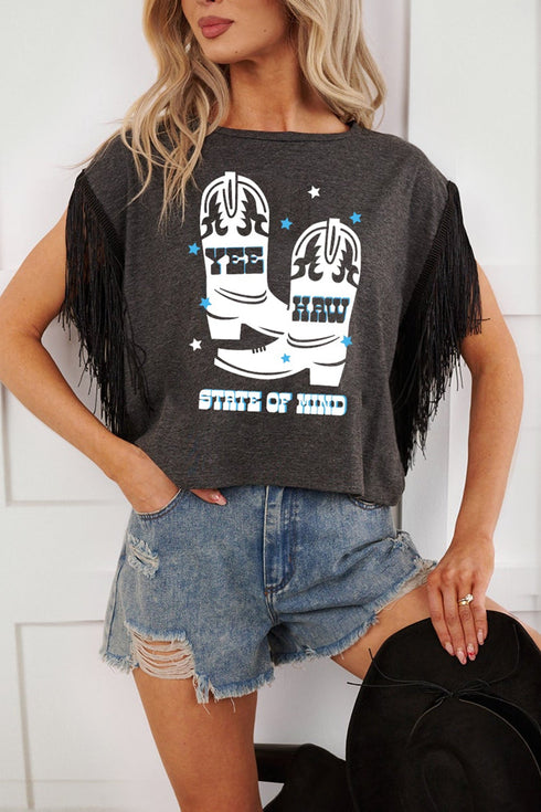 Yee Haw Graphic Print Fringe Sleeve Western Tee