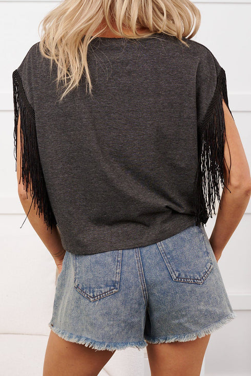 Yee Haw Graphic Print Fringe Sleeve Western Tee