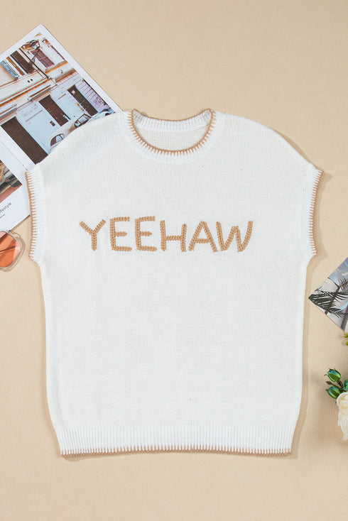 Yeehaw Graphic Contrast Stitch Short Sleeve Knit Sweater