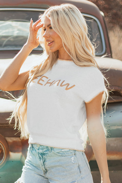 Yeehaw Graphic Contrast Stitch Short Sleeve Knit Sweater