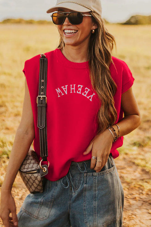 Yeehaw Graphic Sleeveless Crew Neck Knit Sweater