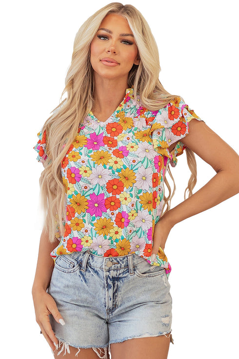 Yellow Floral Print Shirred Tiered Ruffled Sleeve Blouse