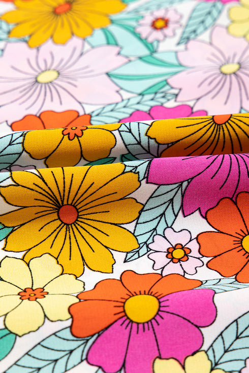 Yellow Floral Print Shirred Tiered Ruffled Sleeve Blouse