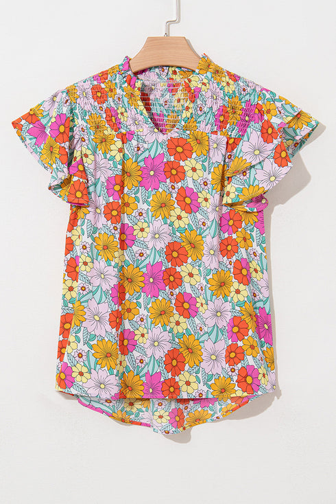 Yellow Floral Print Shirred Tiered Ruffled Sleeve Blouse