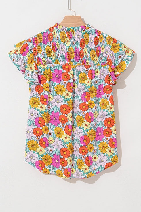 Yellow Floral Print Shirred Tiered Ruffled Sleeve Blouse