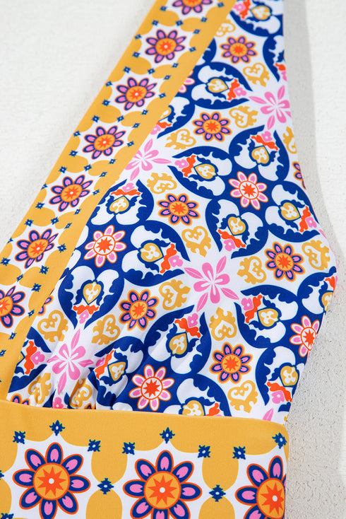 Yellow Floral Print V Neck One Piece Swimsuit