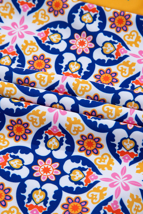 Yellow Floral Print V Neck One Piece Swimsuit