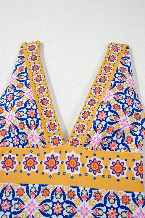 Yellow Floral Print V Neck One Piece Swimsuit