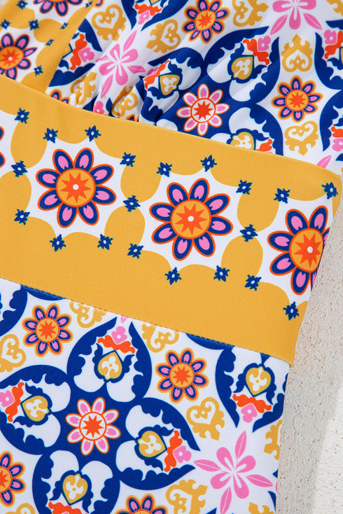 Yellow Floral Print V Neck One Piece Swimsuit