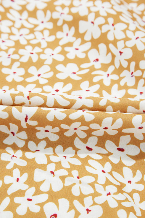 Yellow Floral Short Sleeve V Neck Frilly Tiered Mini Dress