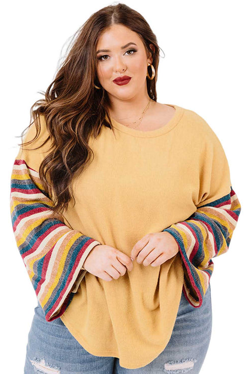 Yellow Serape Striped Bell Sleeve Plus Size Top