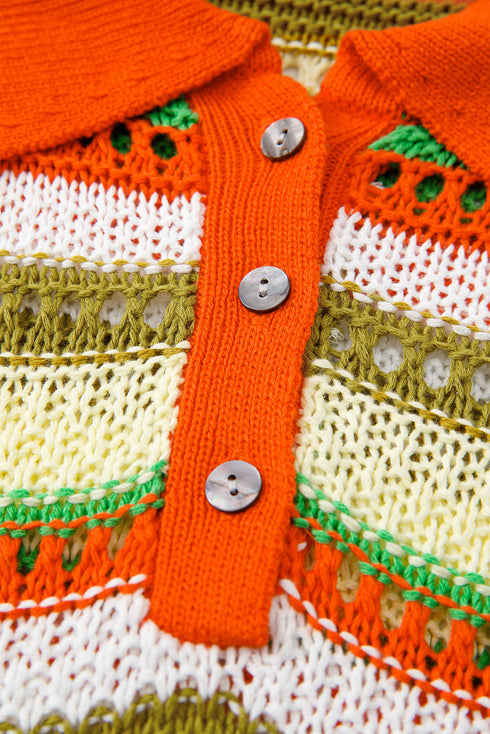 Yellow Stripe Eyelet Sleeveless Buttoned Split Neck Sweater Dress