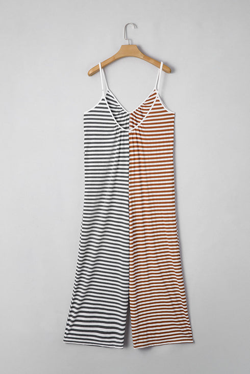Yellow Stripe Two Tone Contrast Spaghetti Strap Backless Overall