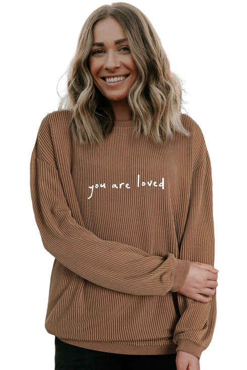 You Are Loved Graphic Print Corded Texture Crew Sweatshirt