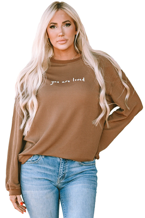 You Are Loved Graphic Print Corded Texture Crew Sweatshirt