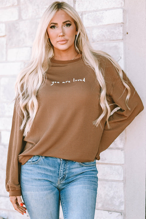 You Are Loved Graphic Print Corded Texture Crew Sweatshirt