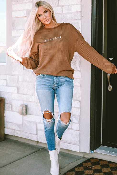 You Are Loved Graphic Print Corded Texture Crew Sweatshirt