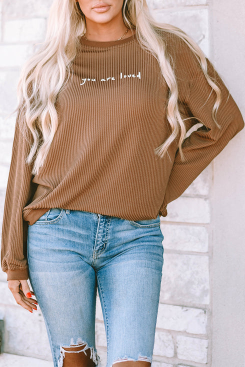 You Are Loved Graphic Print Corded Texture Crew Sweatshirt