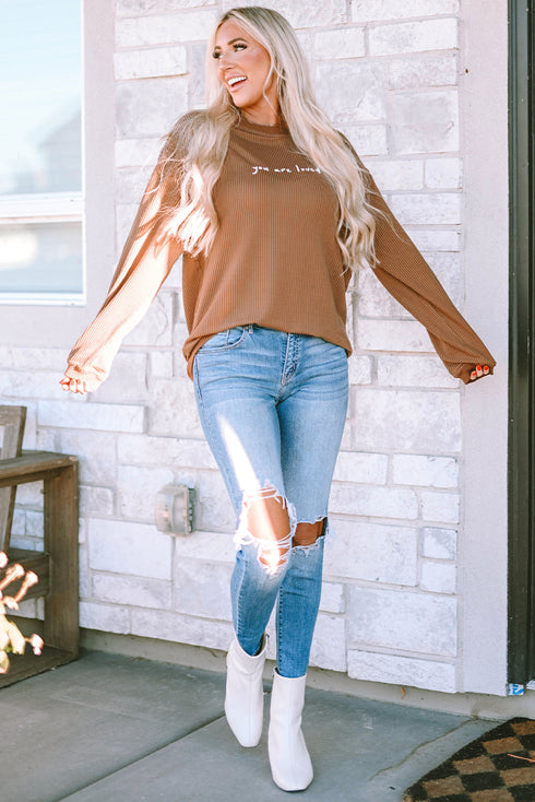 You Are Loved Graphic Print Corded Texture Crew Sweatshirt