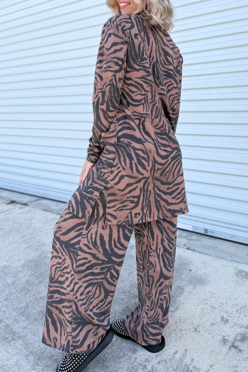 Zebra Print Ribbed Open Cardigan Wide Leg Pant Set