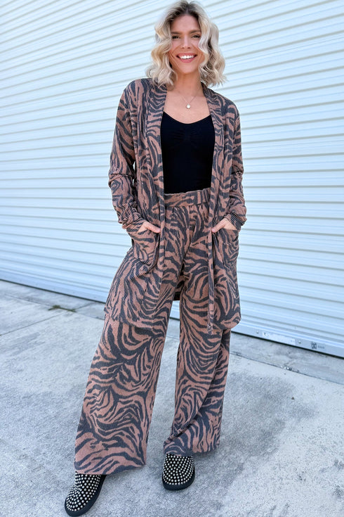 Zebra Print Ribbed Open Cardigan Wide Leg Pant Set