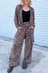 Zebra Print Ribbed Open Cardigan Wide Leg Pant Set