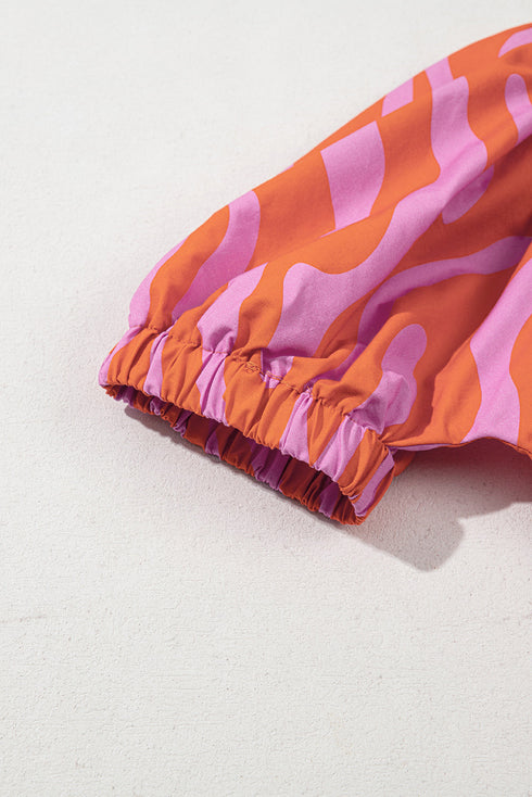 Zebra Print Ruched Cuff V Neck Cotton Blouse