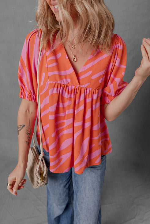 Zebra Print Ruched Cuff V Neck Cotton Blouse