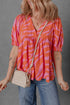 Zebra Print Ruched Cuff V Neck Cotton Blouse