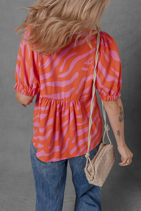 Zebra Print Ruched Cuff V Neck Cotton Blouse