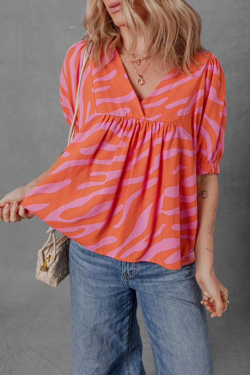 Zebra Print Ruched Cuff V Neck Cotton Blouse
