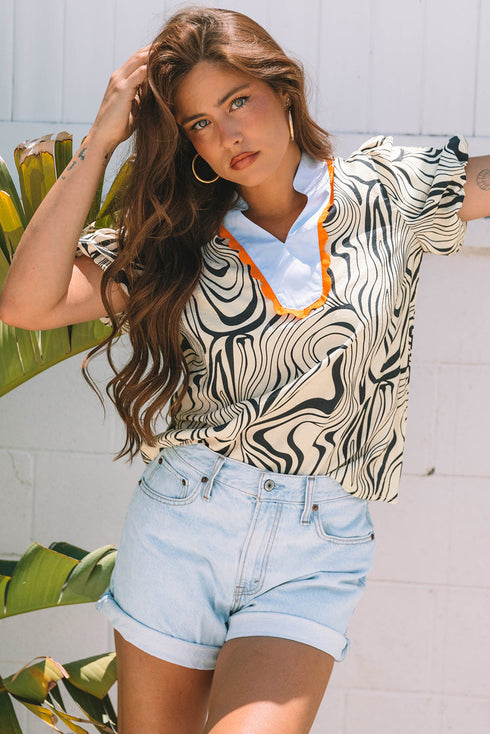 Zebra Stripe Print Ricrac Trim V Neck Blouse