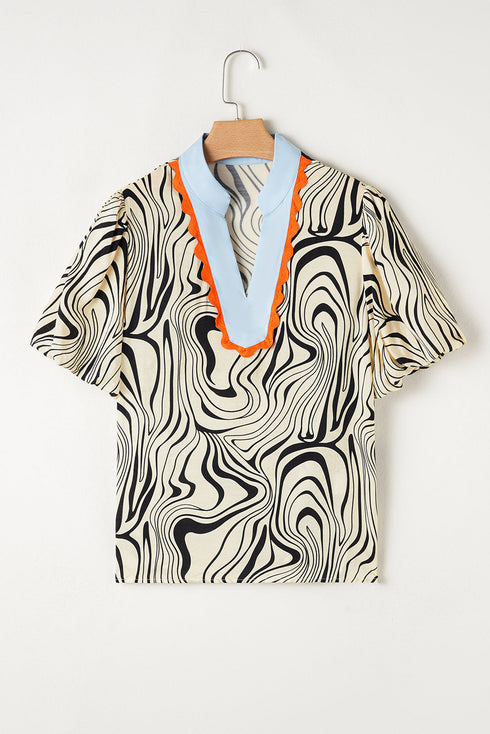 Zebra Stripe Print Ricrac Trim V Neck Blouse