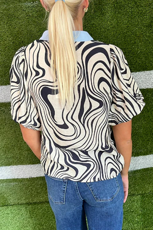 Zebra Stripe Print Ricrac Trim V Neck Blouse