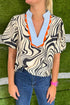 Zebra Stripe Print Ricrac Trim V Neck Blouse