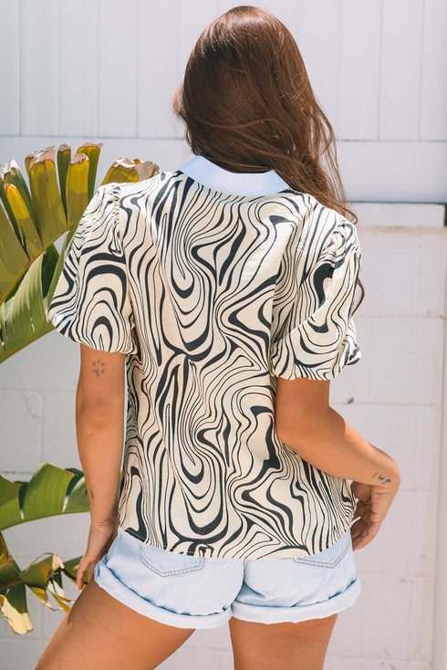 Zebra Stripe Print Ricrac Trim V Neck Blouse