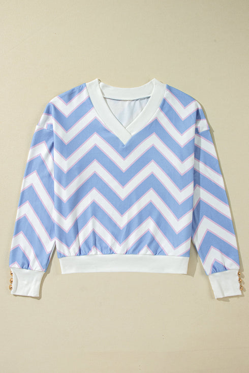 Zigzag Print V Neck Oversized Drop Shoulder Top
