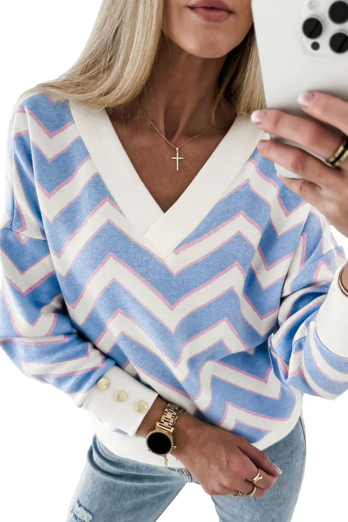 Zigzag Print V Neck Oversized Drop Shoulder Top