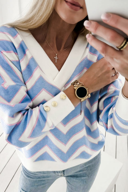 Zigzag Print V Neck Oversized Drop Shoulder Top