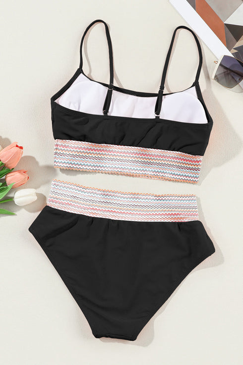 Zigzag Trim Scoop Neck High Waist Bikini Set