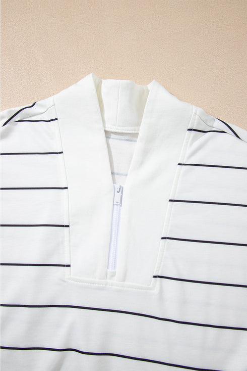 Zip Collar Vertical Stripe Drop Shoulder Long Sleeve Top