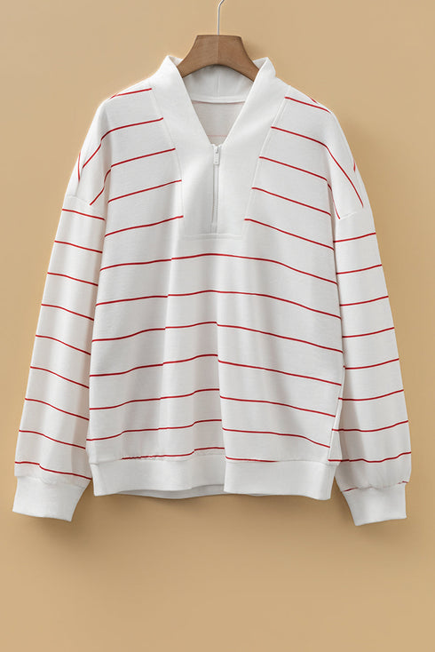 Zip Collar Vertical Stripe Drop Shoulder Long Sleeve Top